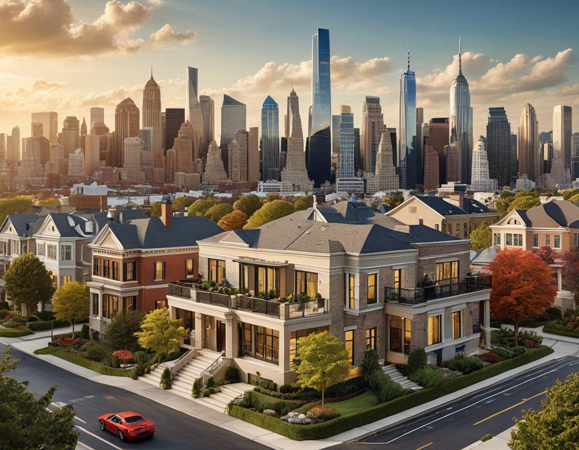 A dynamic collage featuring collectible items like rare coins and action figures elegantly transitioning into upscale real estate elements like luxury homes and modern skyscrapers. The background should include a bustling city skyline and a serene neighborhood, conveying growth and transformation. Add subtle graphical elements that represent sales tactics, such as charts or arrows suggesting upward trends. The overall color scheme should be vibrant and eye-catching, blending warmth and professionalism. digital art. vibrant colors. modern style.
