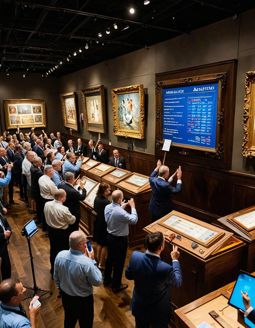 A bustling auction house with bidders engaged in enthusiastic bidding, showcasing a dynamic digital chart highlighting market trends in the background. Include diverse auction items like art, antiques, and collectibles, and a glowing sign reading 'Maximize Your Profits!' to convey excitement. The atmosphere should feel vibrant and energetic, encapsulating the art of auctioneering. super-realistic. vibrant colors. 3D.