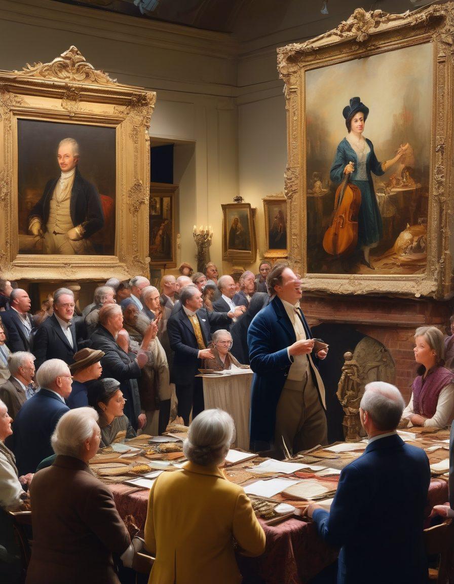 A visually dynamic marketplace scene showcasing an estate liquidation auction, emphasizing enthusiastic bidders raising paddles, diverse valuable antiques and artworks displayed prominently, and a confident auctioneer at the podium. The atmosphere should exude excitement and anticipation, with vibrant colors highlighting the items. Add a backdrop of a large banner that reads 'Maximizing Profits in Estate Auctions'. super-realistic. vibrant colors. dynamic composition.